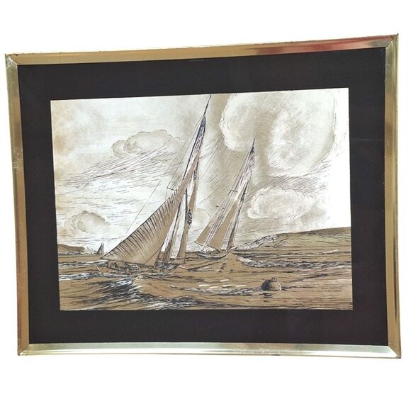 Vintage Dufex‎ Foil Art Prints Sailing Ships Framed Gold Black Pair 10 X 8 each - Picture 3 of 14